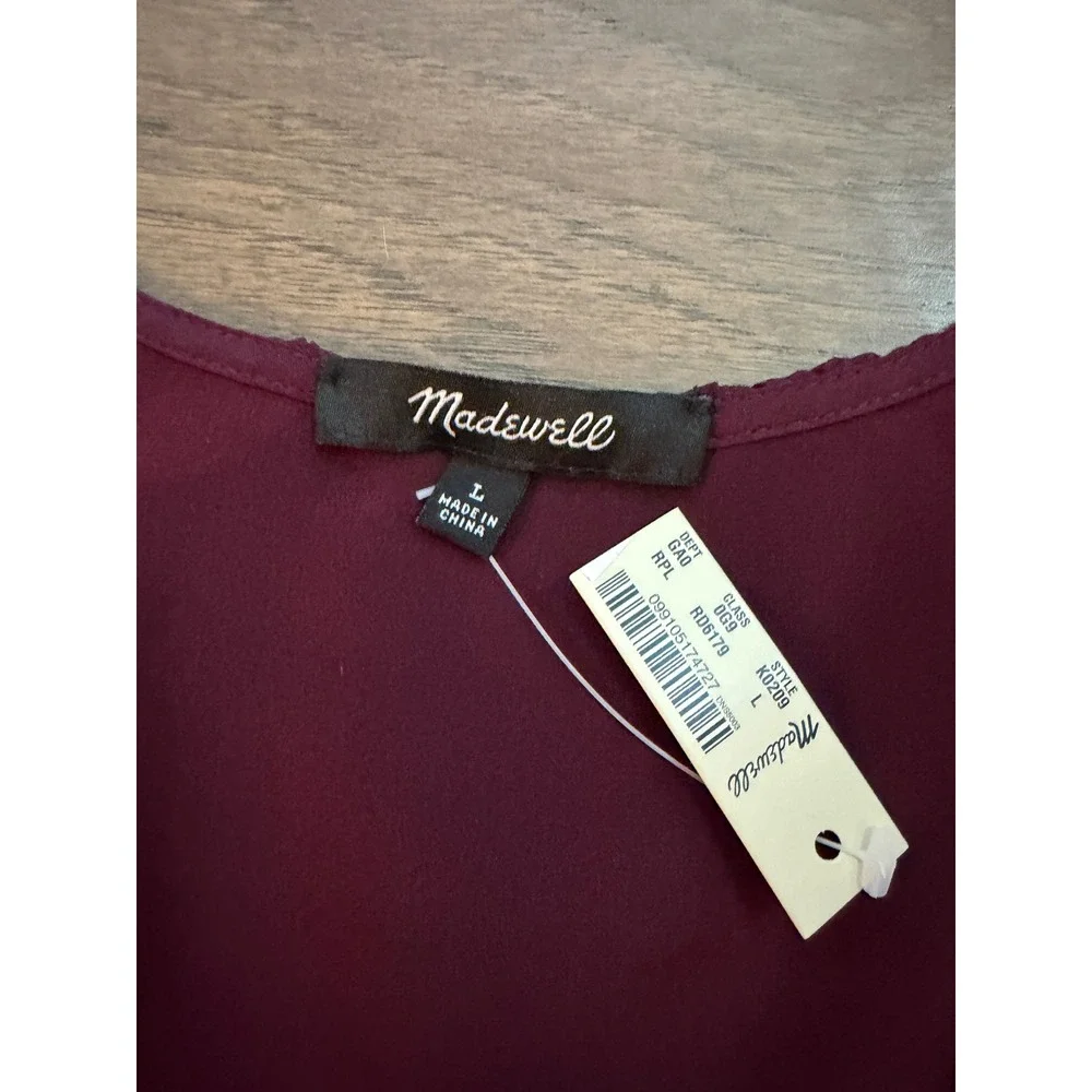 NWT Madewell Silk Ruffle Wrap Top Cabernet Burgundy Peplum Blouse K0209 Womens L